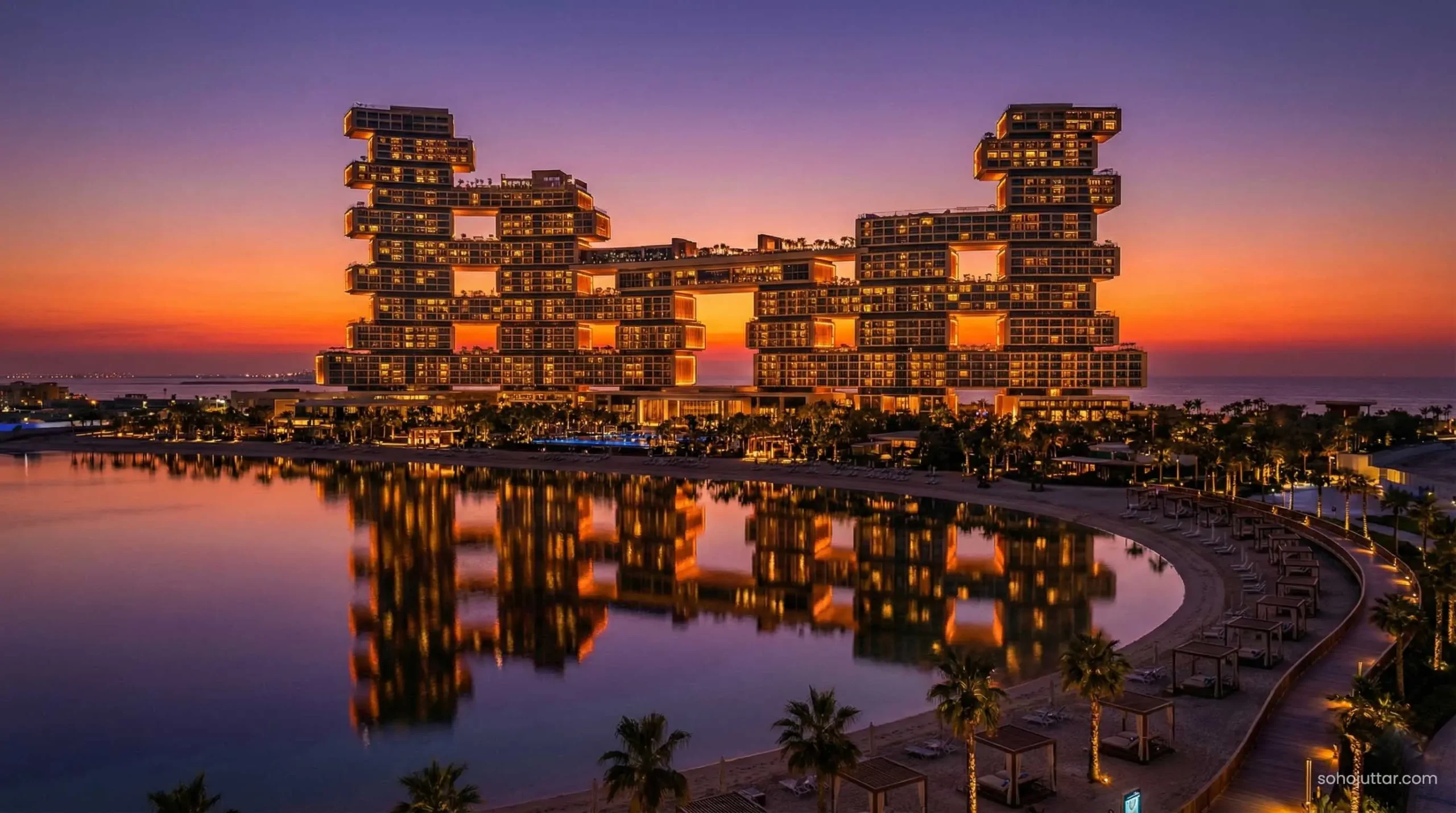 Atlantis The Royal luxury hotel exterior architecture at sunset on Palm Jumeirah