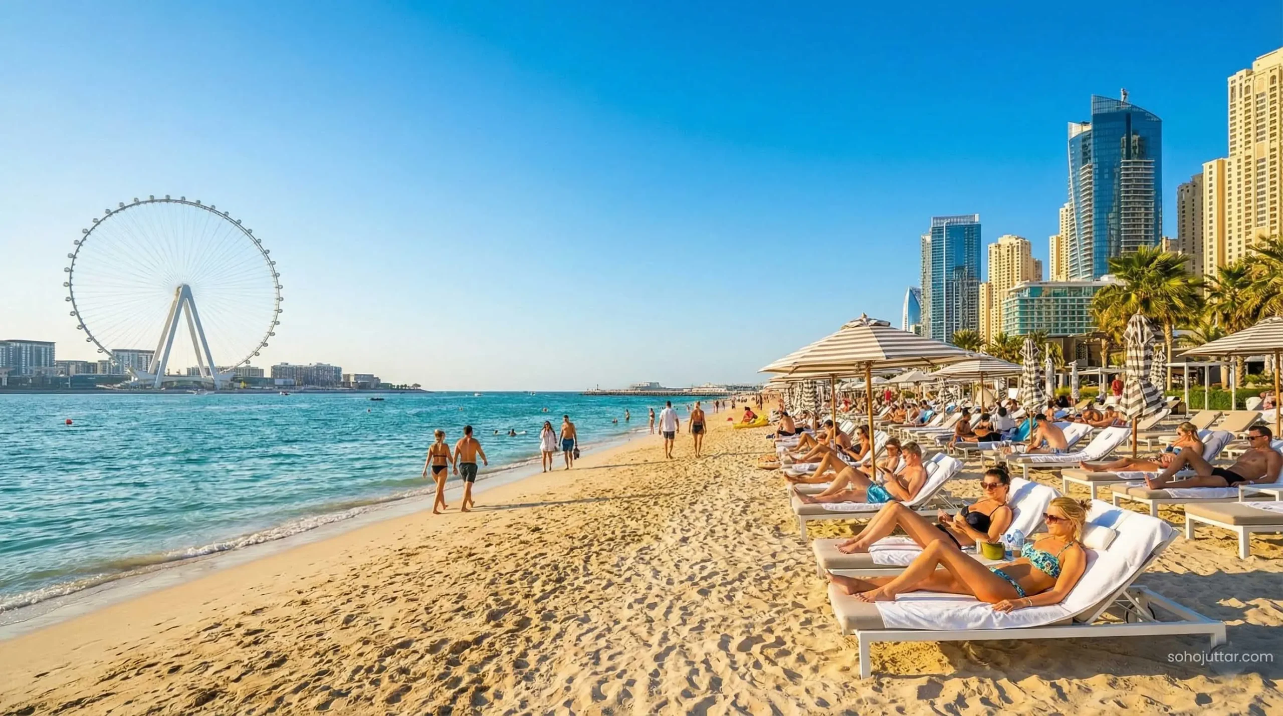 Tourists enjoying perfect winter weather at JBR beach in Dubai