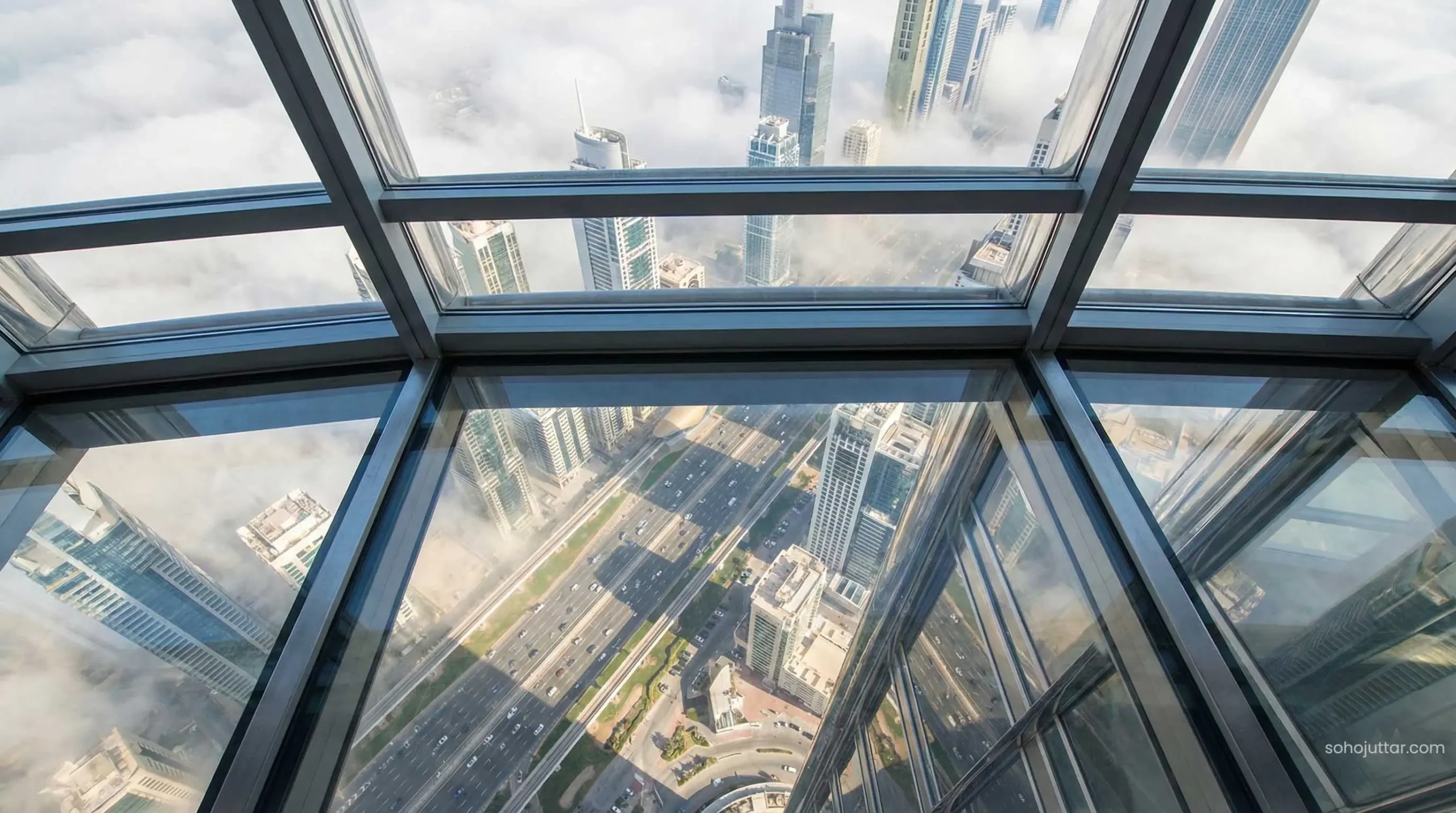 View from At The Top Burj Khalifa looking down at Dubai Downtown