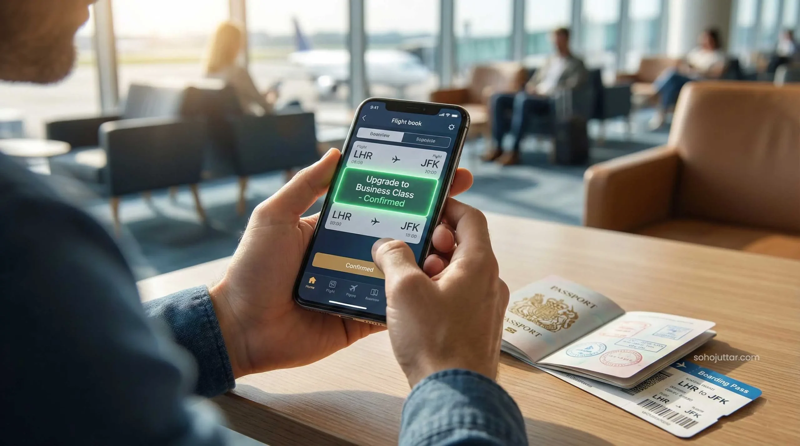 Confirming a business class flight upgrade on a smartphone app.