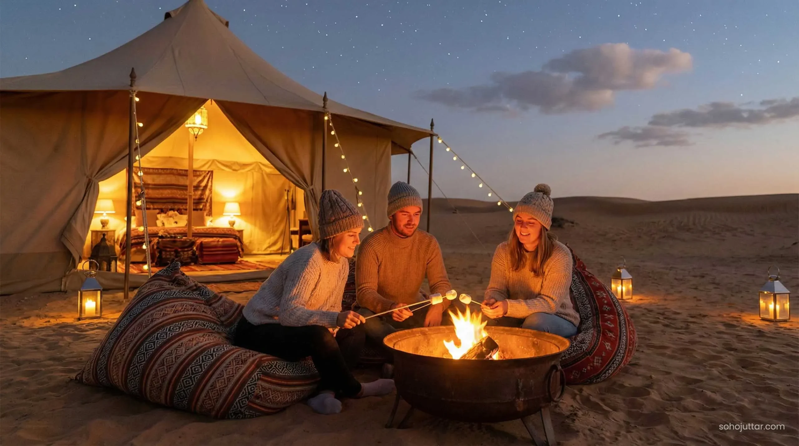 Campfire night at luxury desert glamping resort UAE