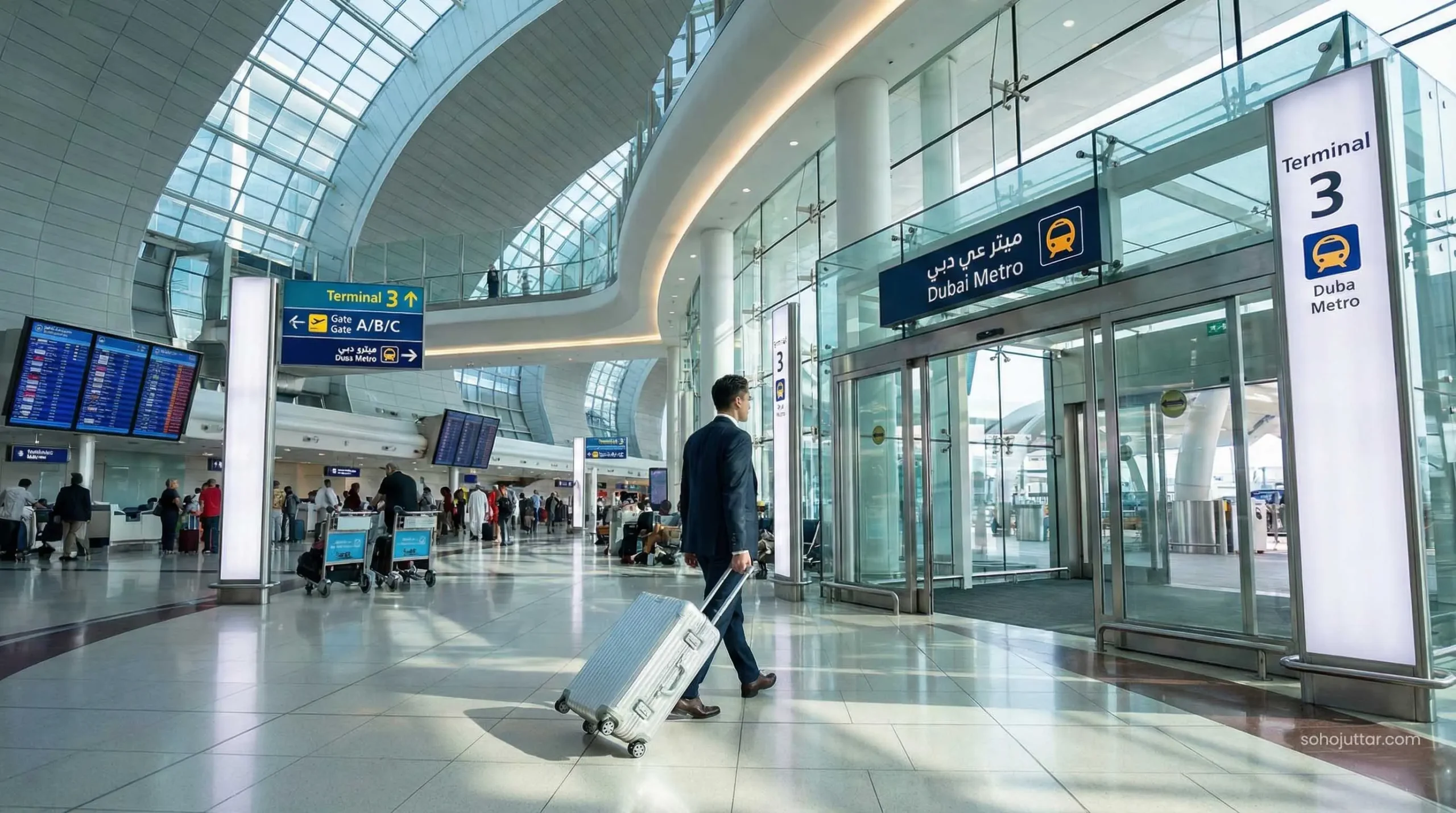 Traveler leaving Dubai International Airport Terminal 3 for a city layover tour
