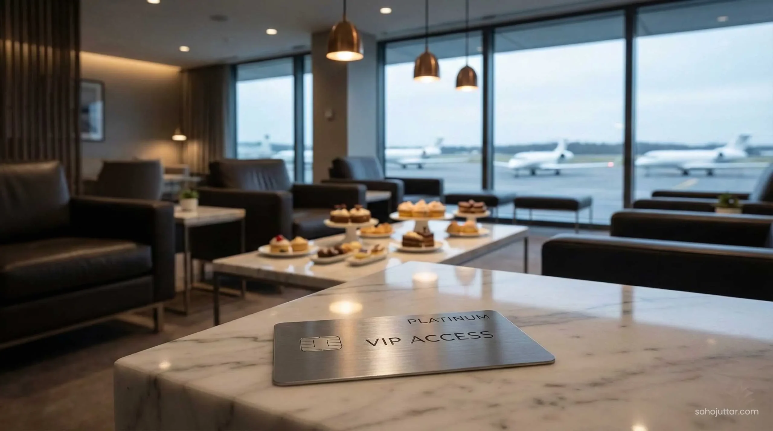 Premium credit card on table inside luxury Dubai airport lounge