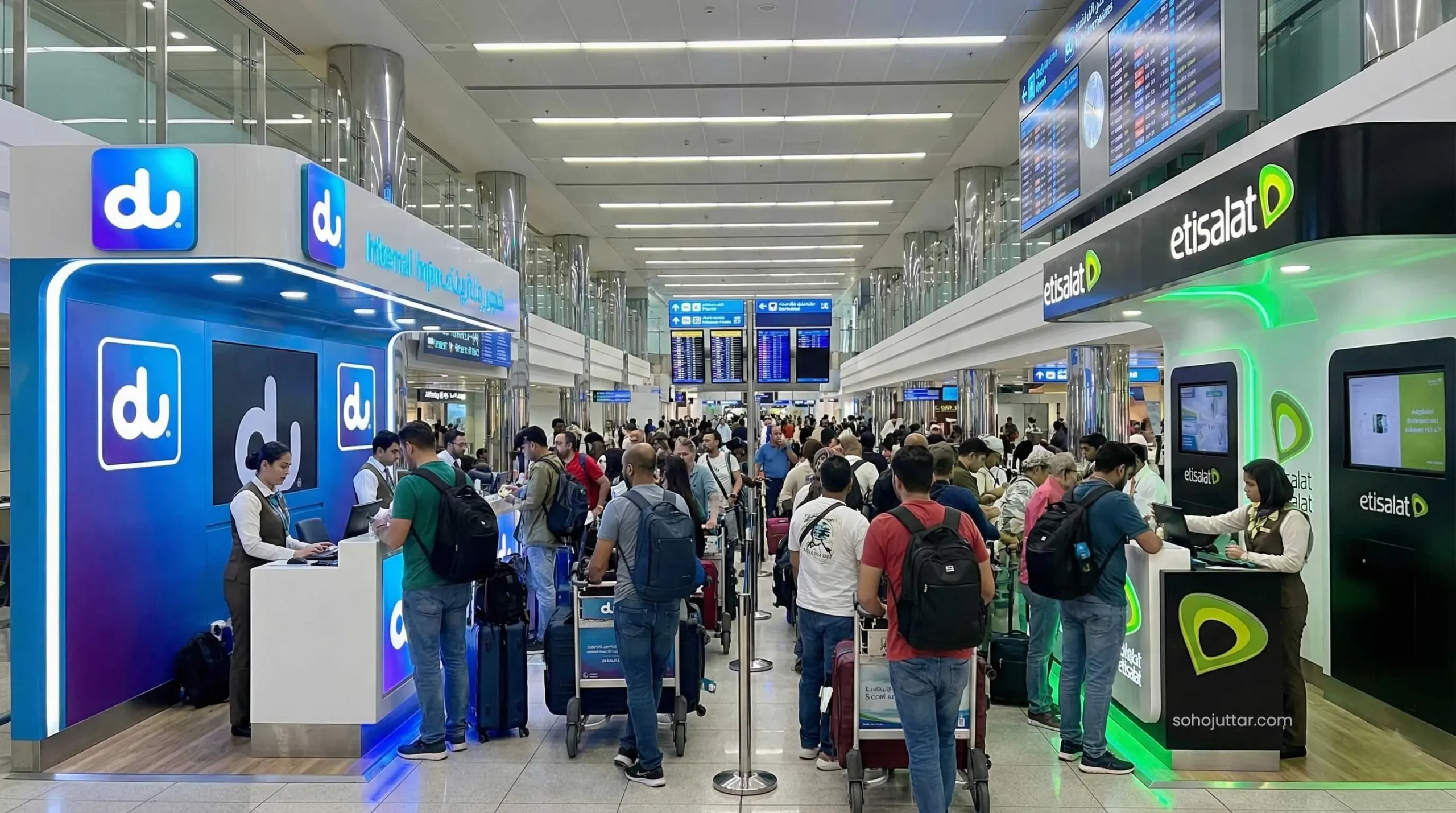 Tourists buying SIM cards at du and Etisalat kiosks in Dubai Airport arrivals
