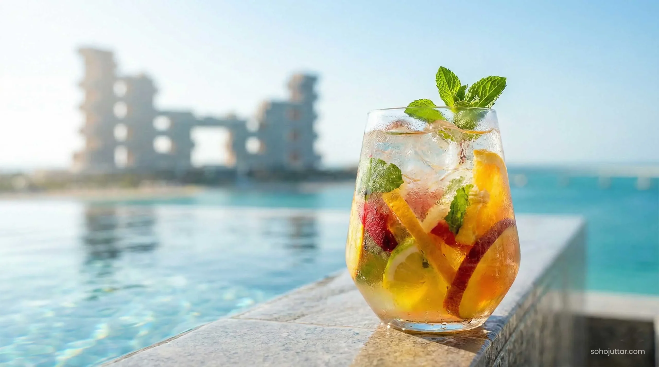 Cocktail by the pool at a luxury Dubai beach club