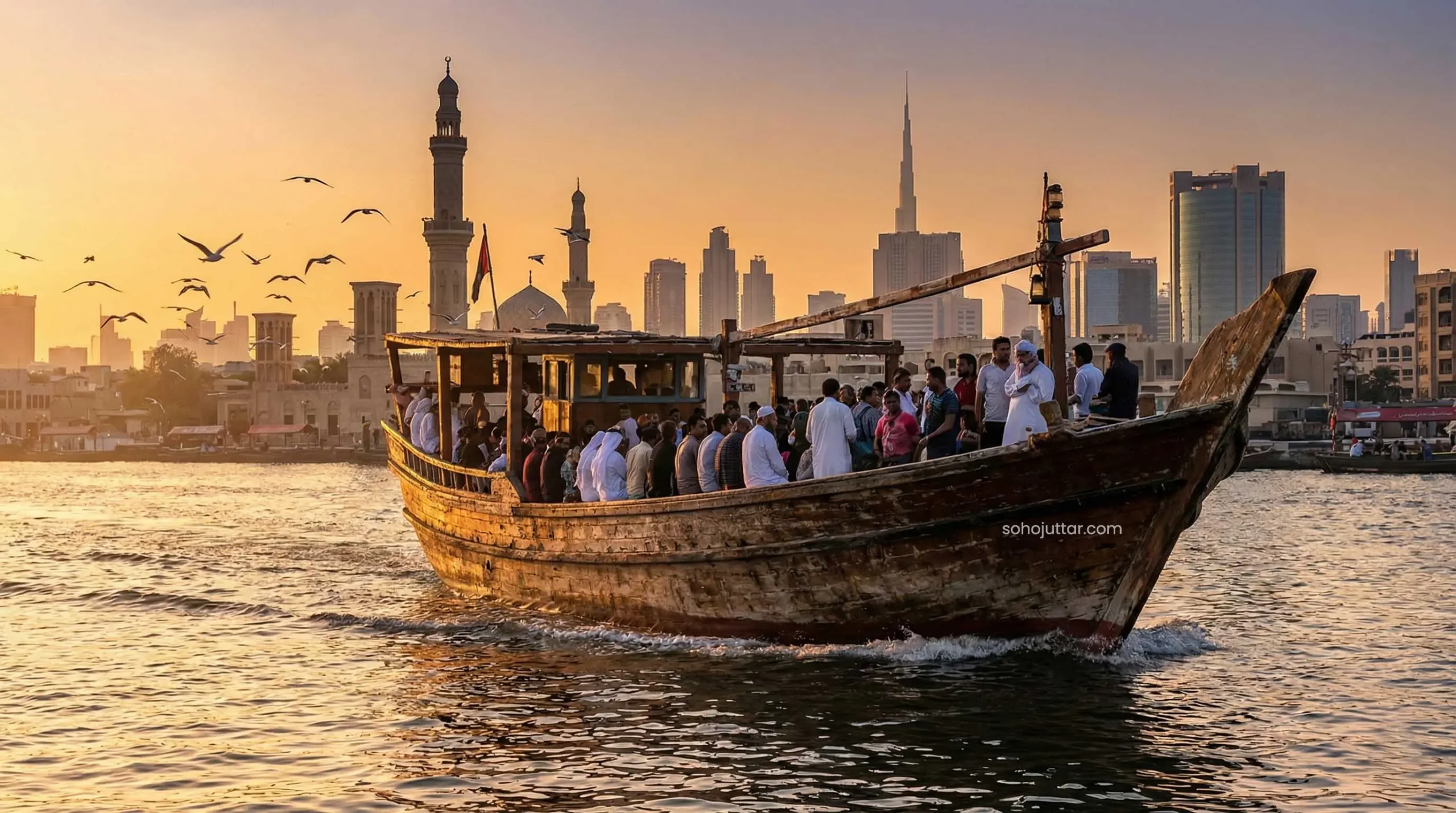 Traditional Abra boat crossing Dubai Creek for AED 1 tourist guide