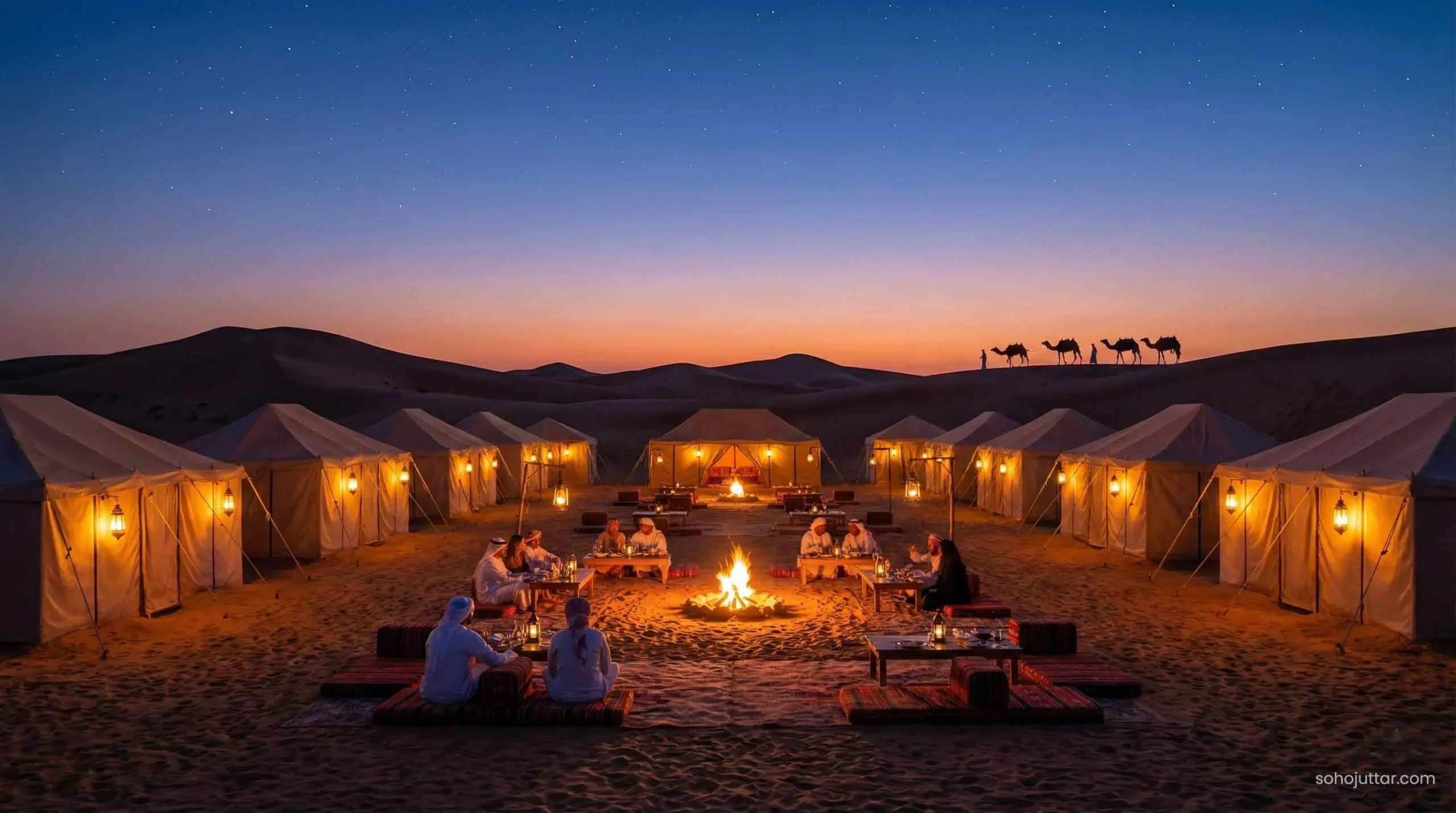 Traditional Bedouin style desert safari camp dinner at night in Dubai