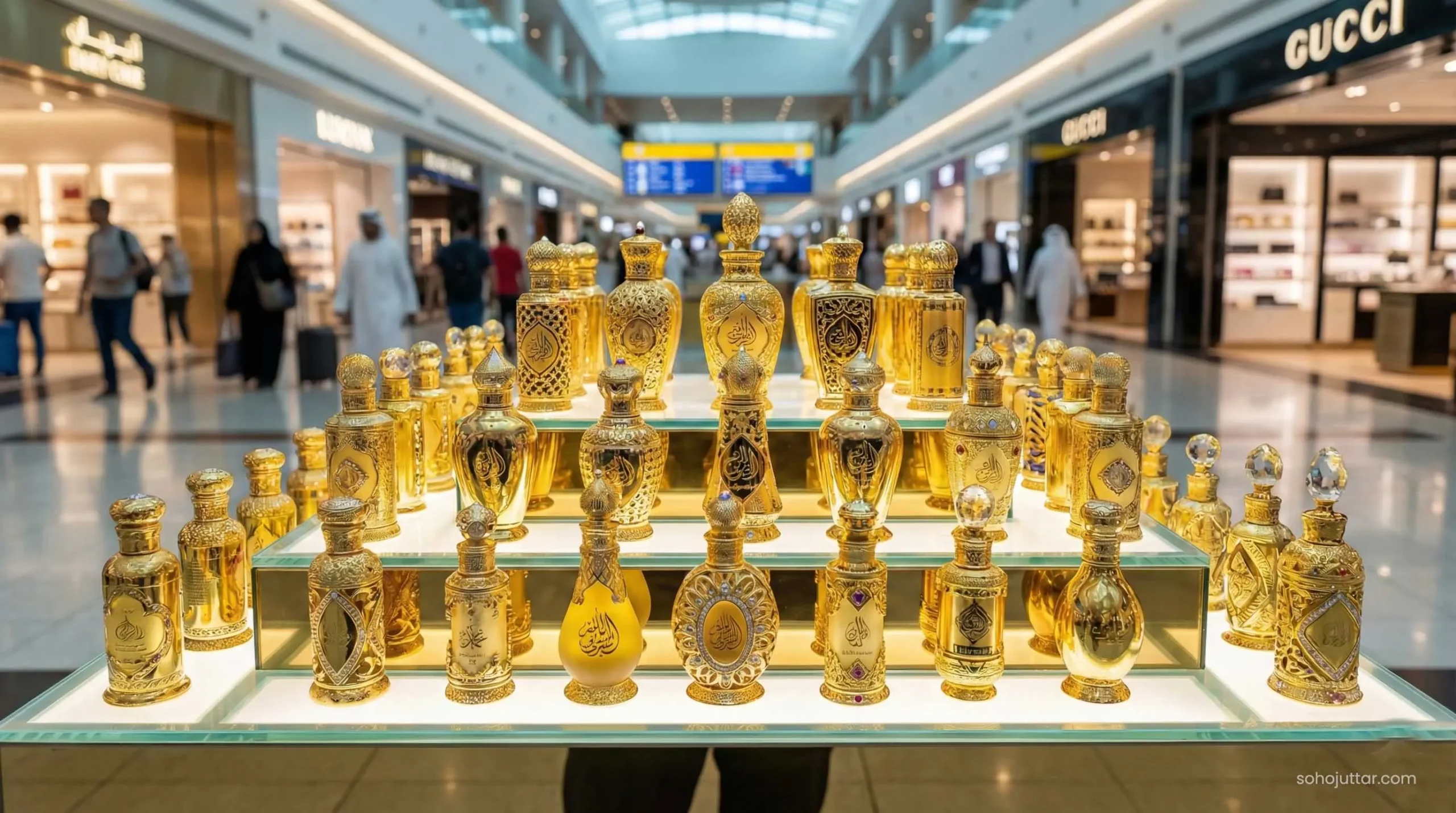 Arabic perfume bottles display at Dubai Duty Free airport shop