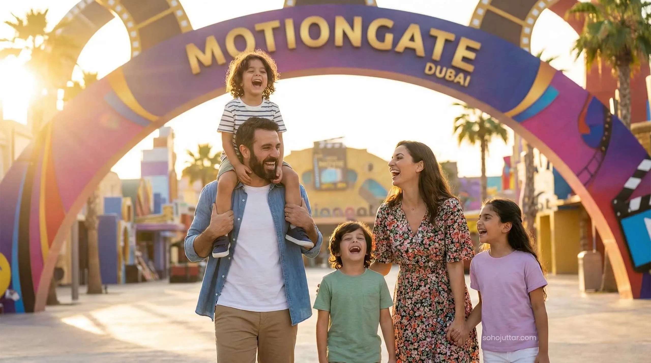 Happy family walking into Motiongate Dubai theme park entrance