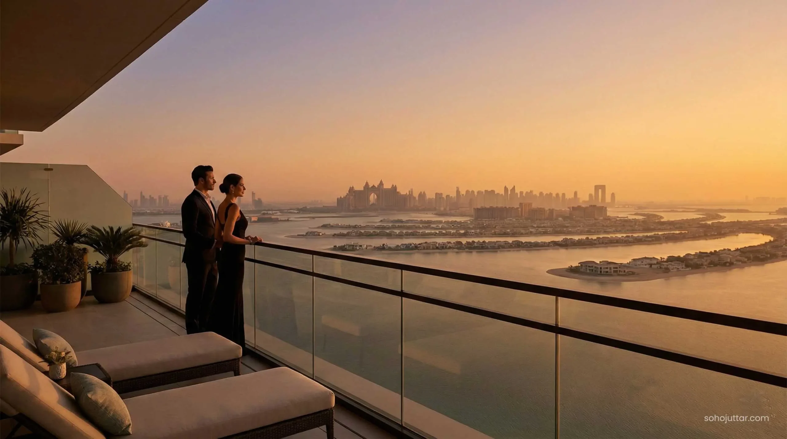 Romantic honeymoon couple enjoying sunset view at Atlantis The Royal Dubai - Ultimate Guide 2026