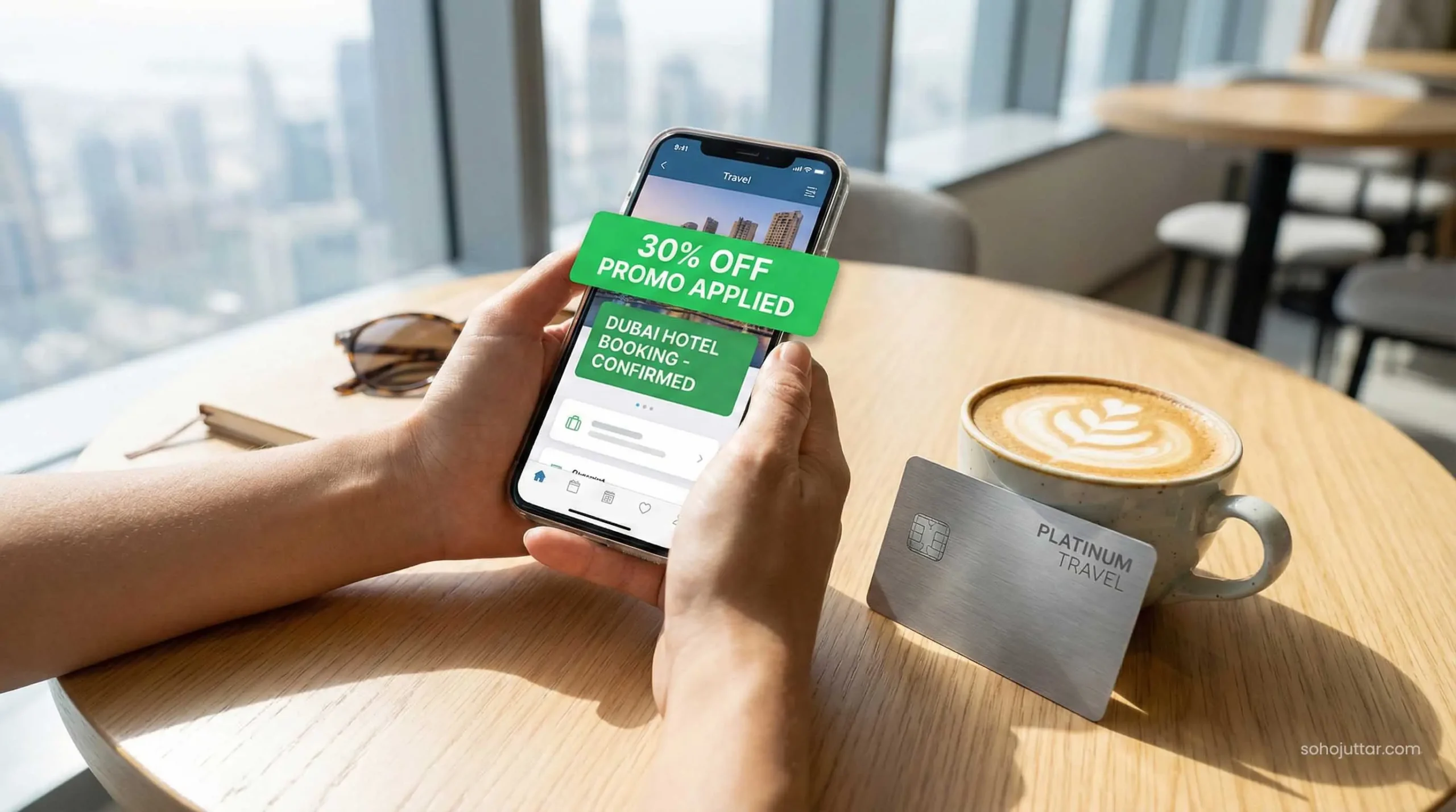 Using a smartphone app and credit card to get a 30% discount on a Dubai luxury hotel.