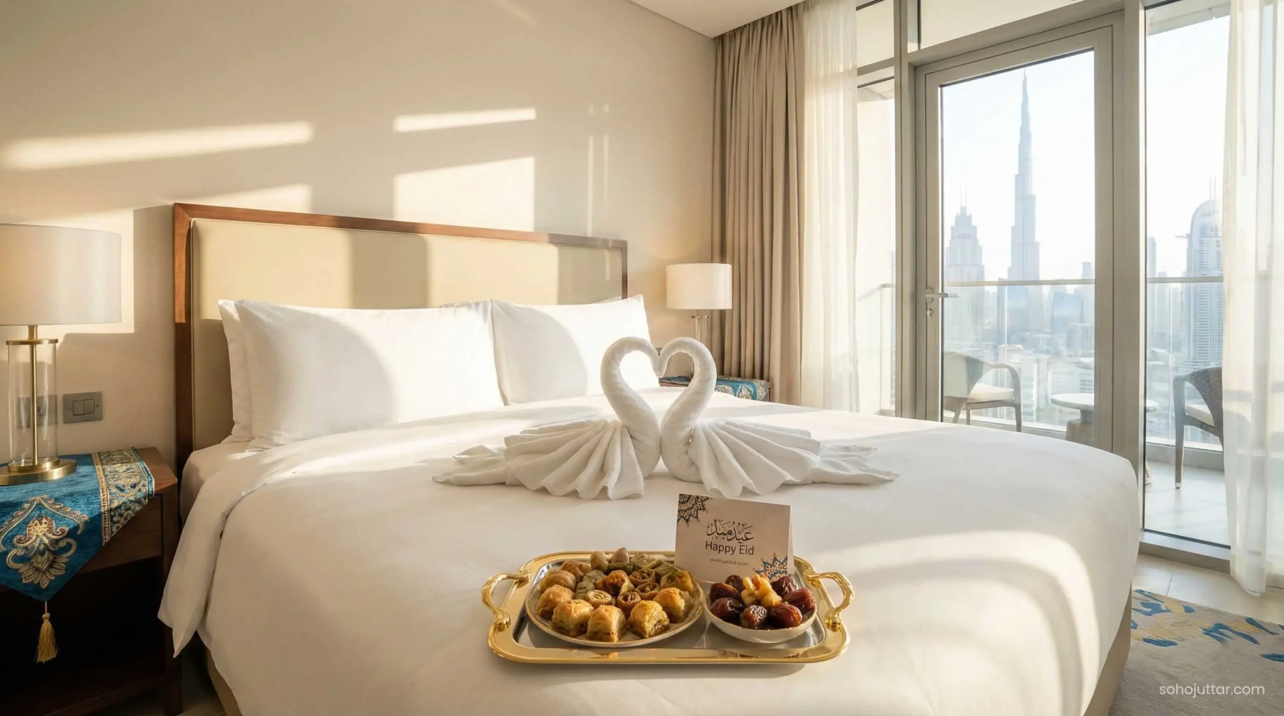 Luxury hotel room prepared for Eid Al-Fitr guests in Dubai.