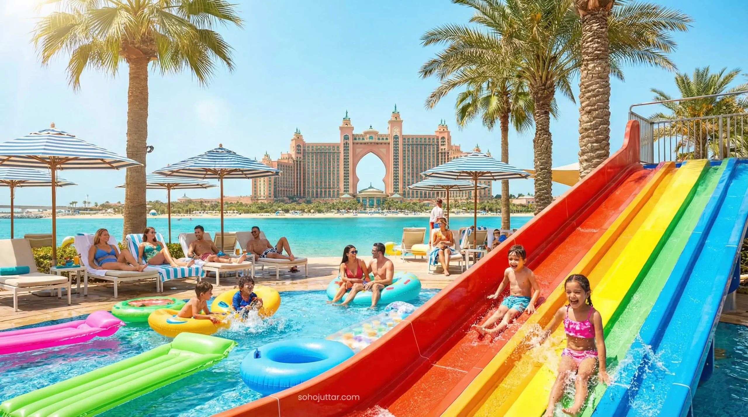 Happy children playing in the water park pool at Atlantis The Palm hotel Dubai