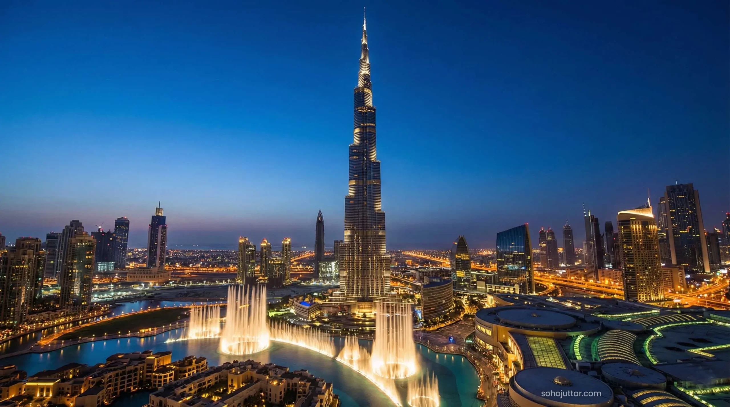 Dubai Fountain and Burj Khalifa view during a short city transit tour