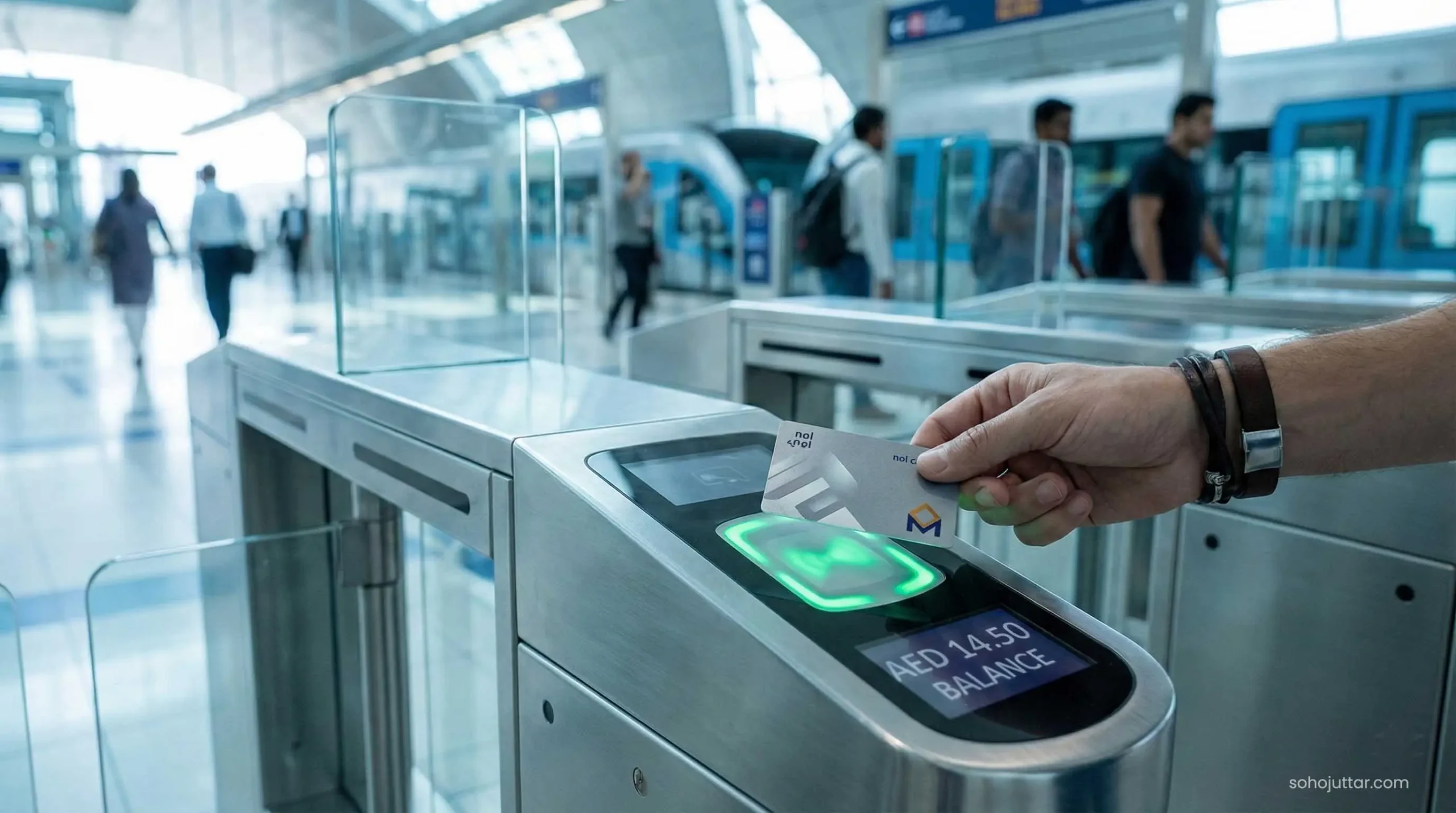 Traveler using Silver Nol Card at Dubai Metro station gate scanner