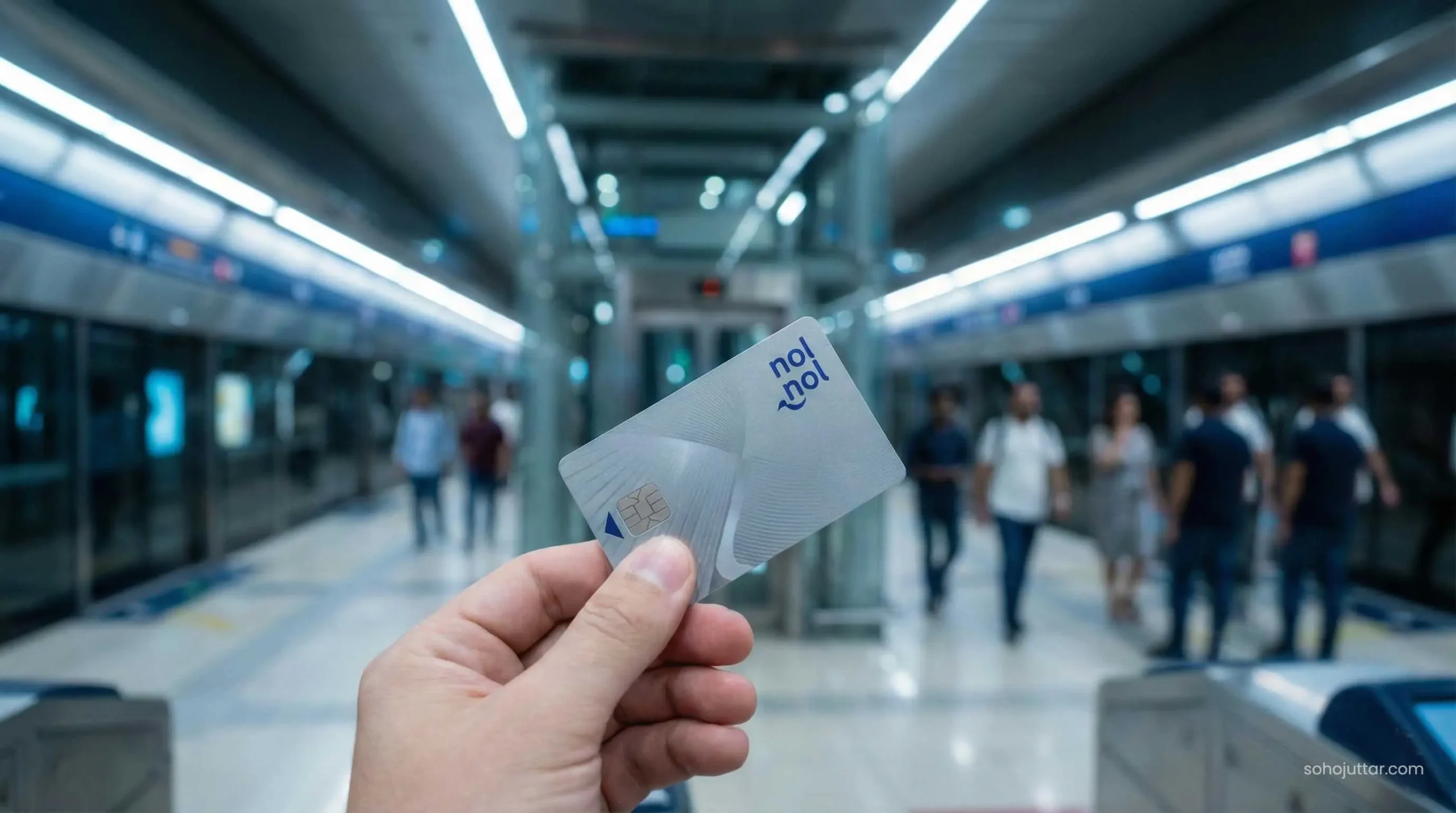 Tourist using silver Nol card at Dubai Metro station gate