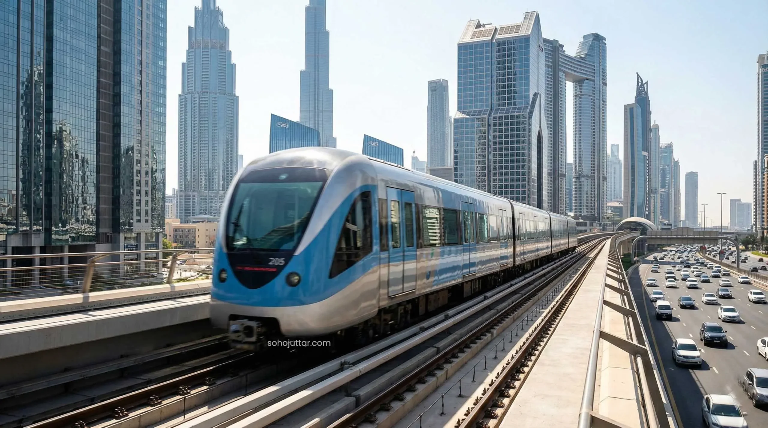 Dubai Metro train running on elevated tracks with skyscrapers in background