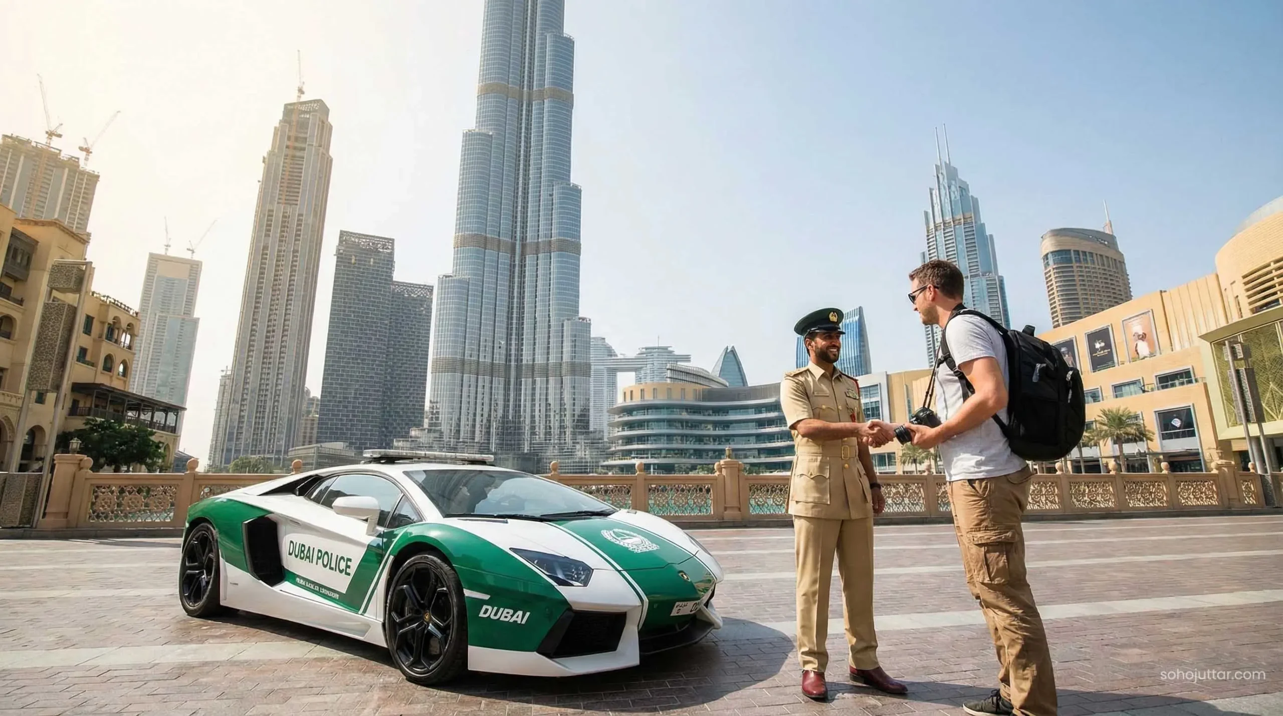 Dubai Police supercar and officer helping tourists in Downtown Dubai
