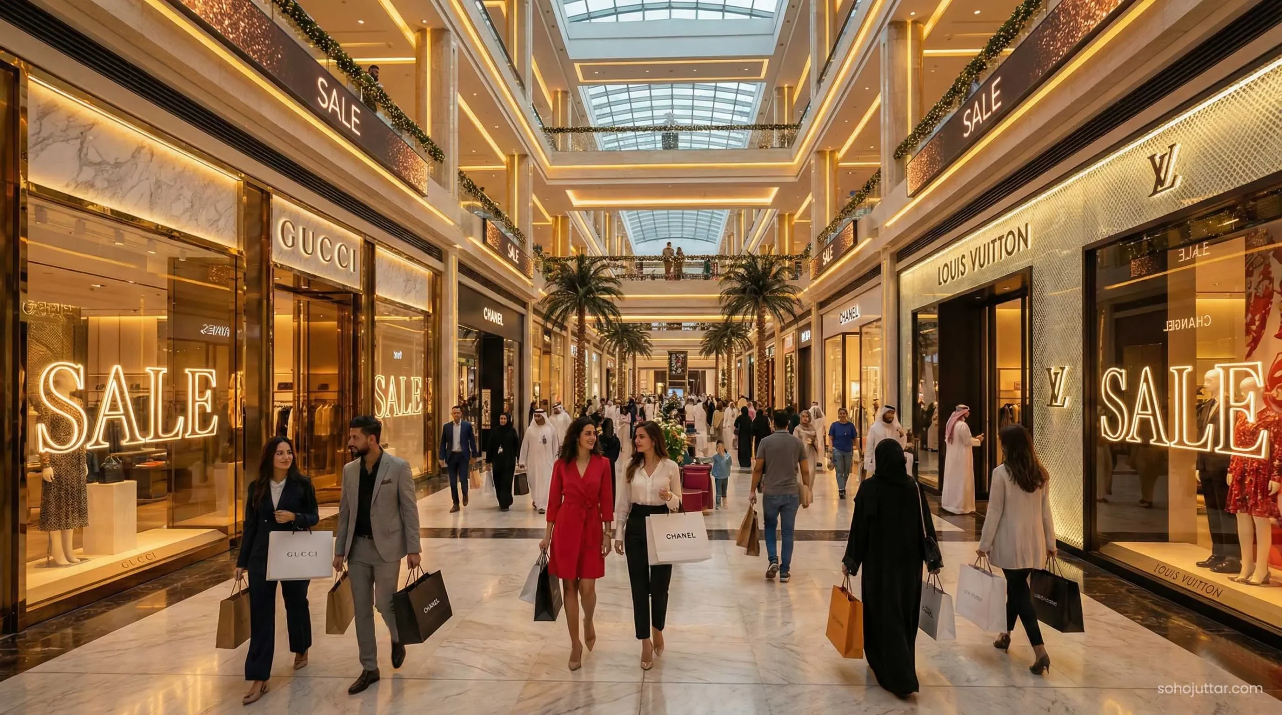 Shoppers walking inside a luxury Dubai mall during the Dubai Shopping Festival 2026