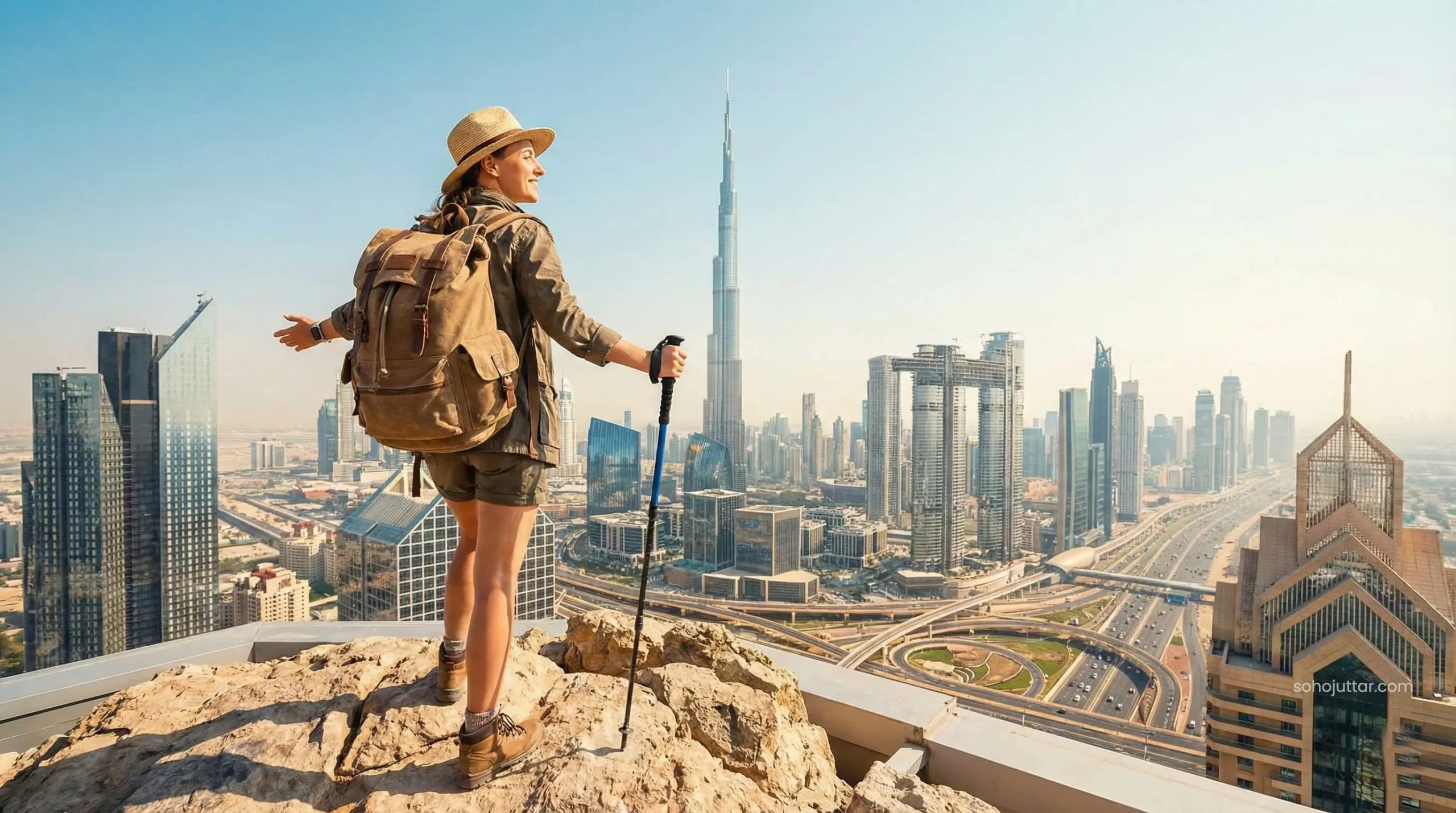 Solo female traveler with backpack enjoying the view of Burj Khalifa and Downtown Dubai