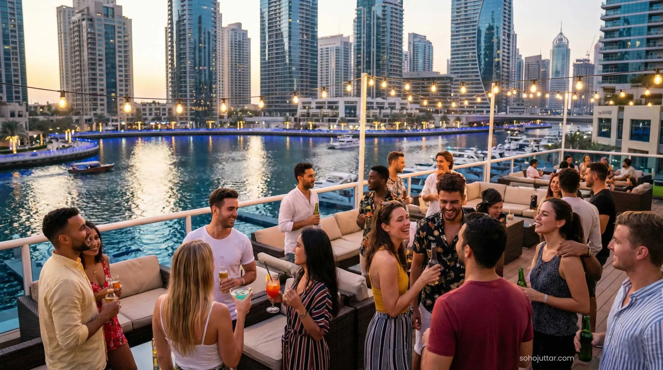 Solo travelers socializing on a luxury hostel rooftop in Dubai Marina at sunset