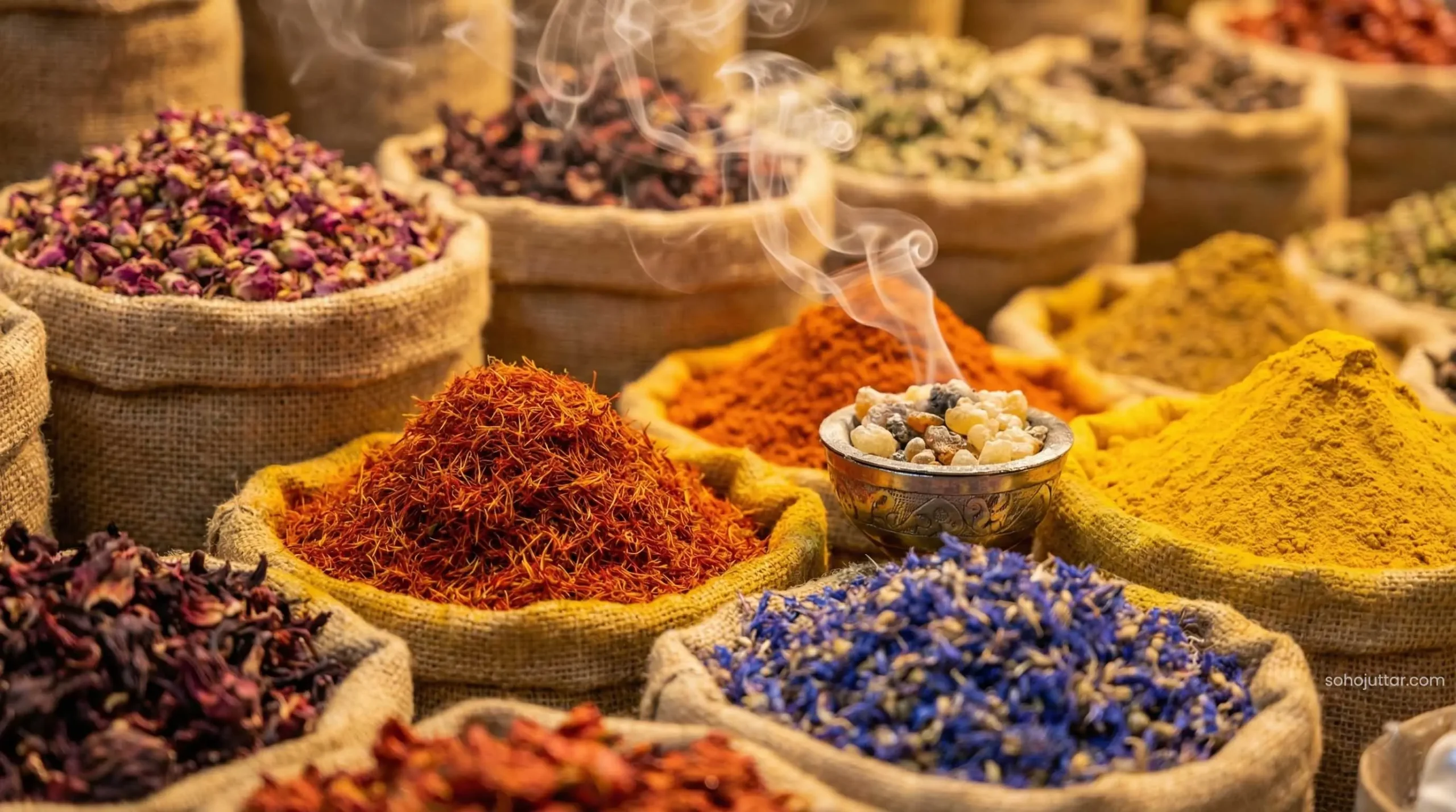 Colorful spices and herbs on display at Dubai Spice Souk Deira