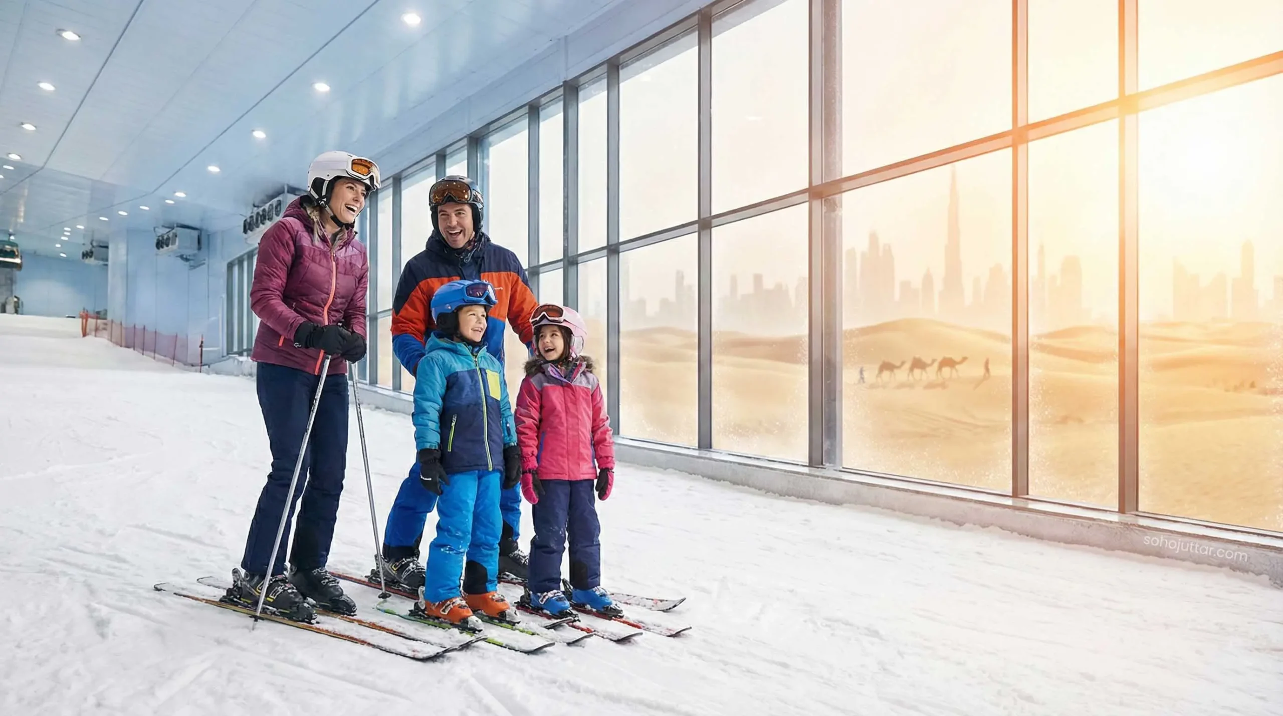 Tourists skiing indoors at Ski Dubai during the hot summer months