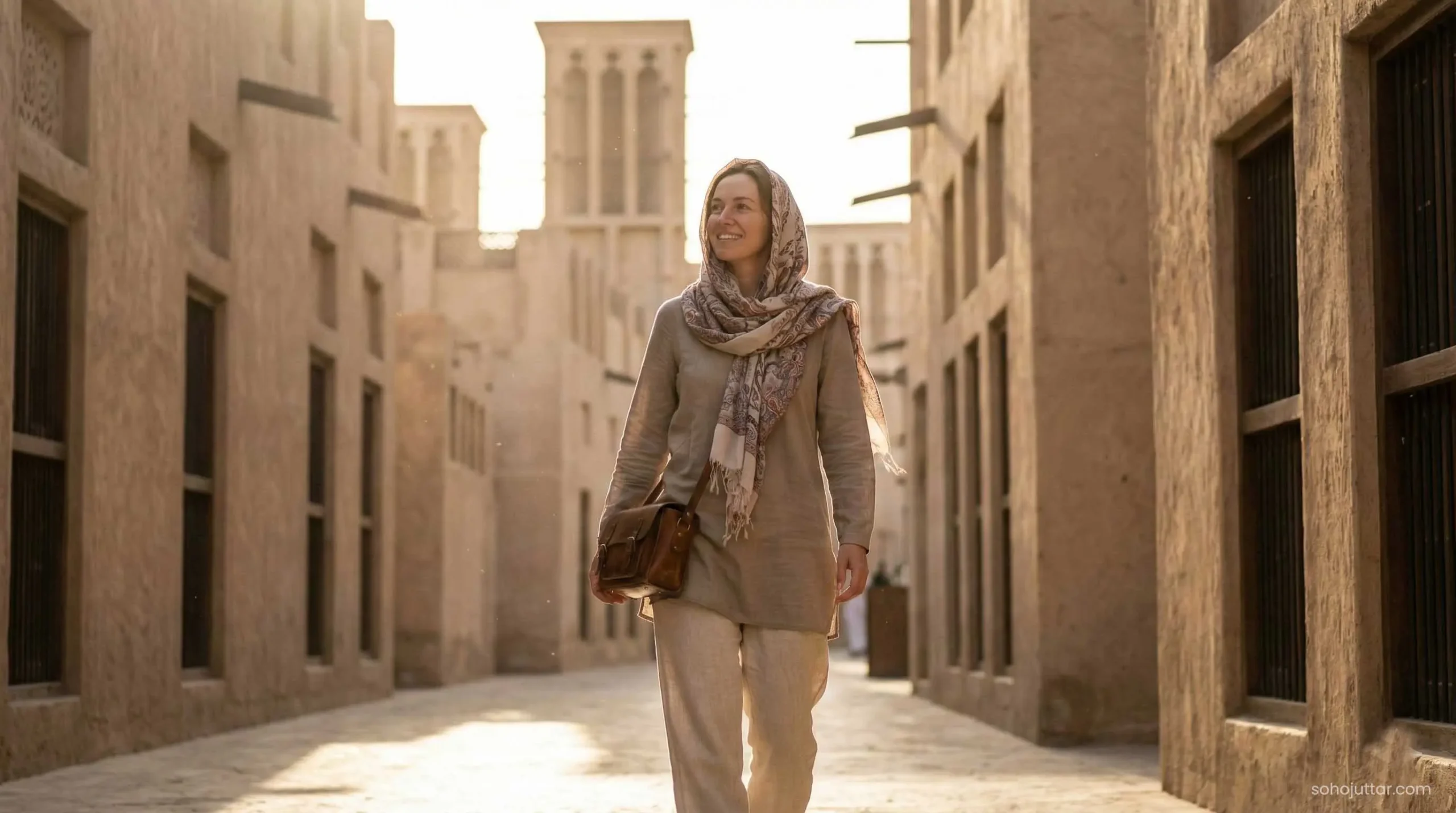 Female tourist dressed modestly walking in Old Dubai historical area