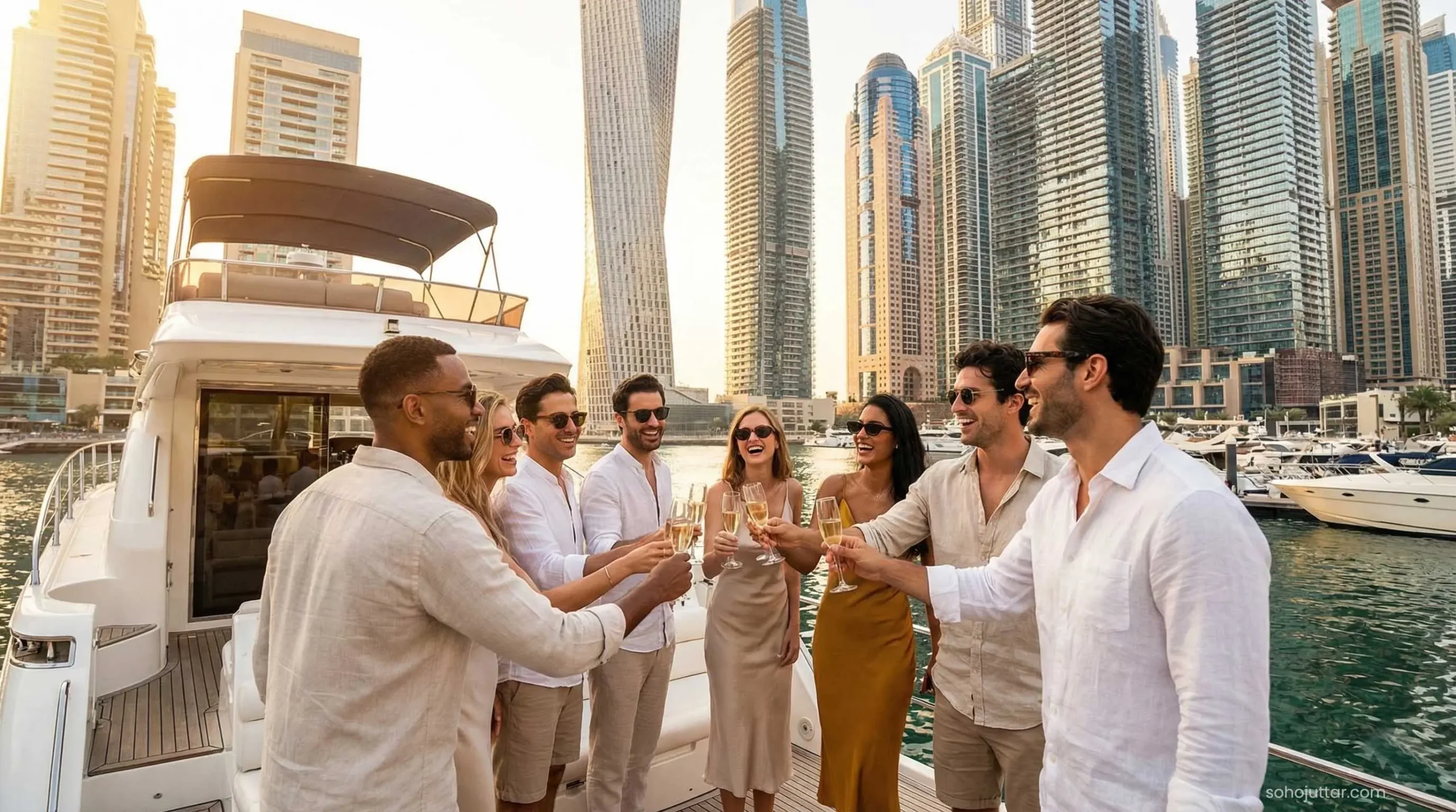 Friends enjoying a private yacht rental party in Dubai Marina