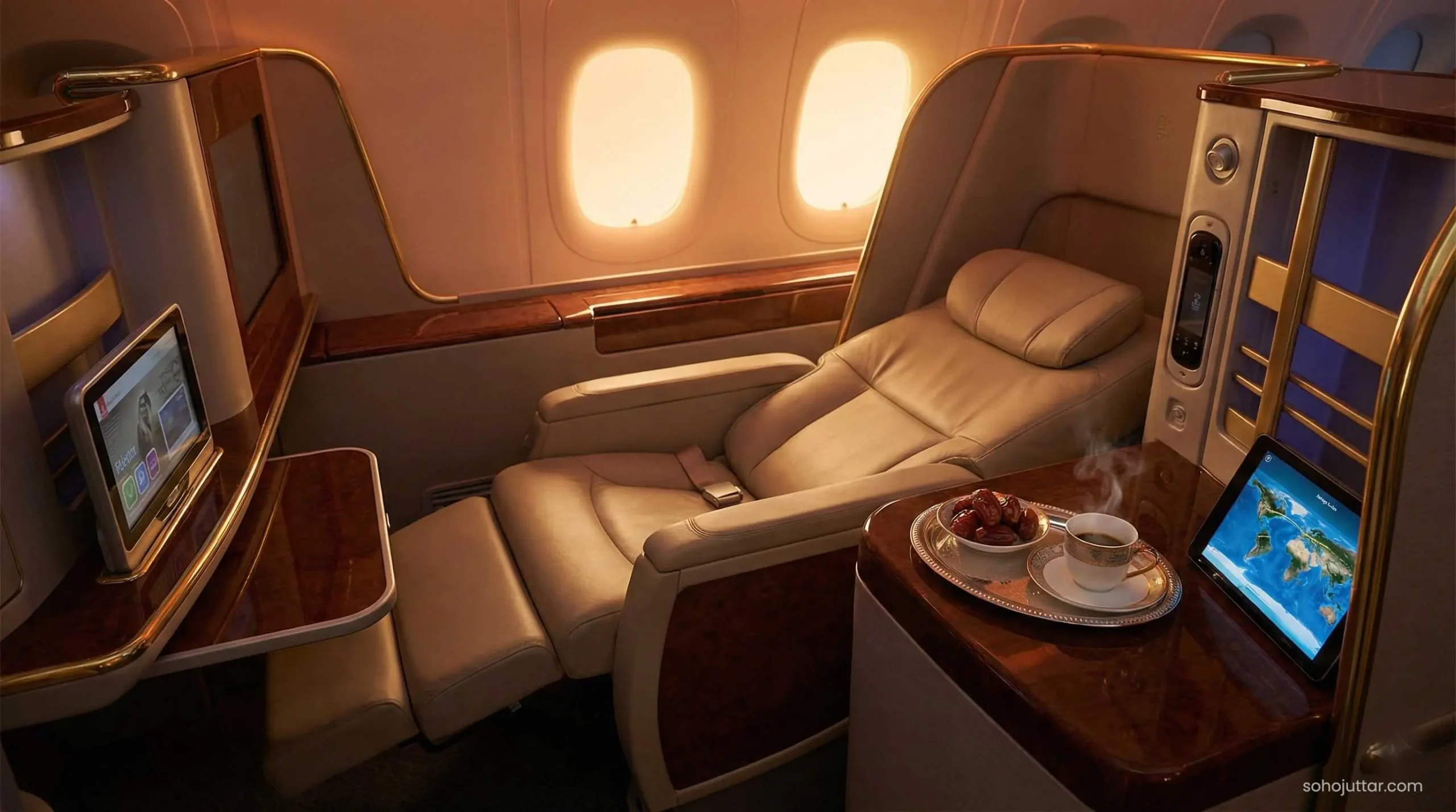 Luxury Emirates Business Class seat with Arabic coffee during Ramadan.