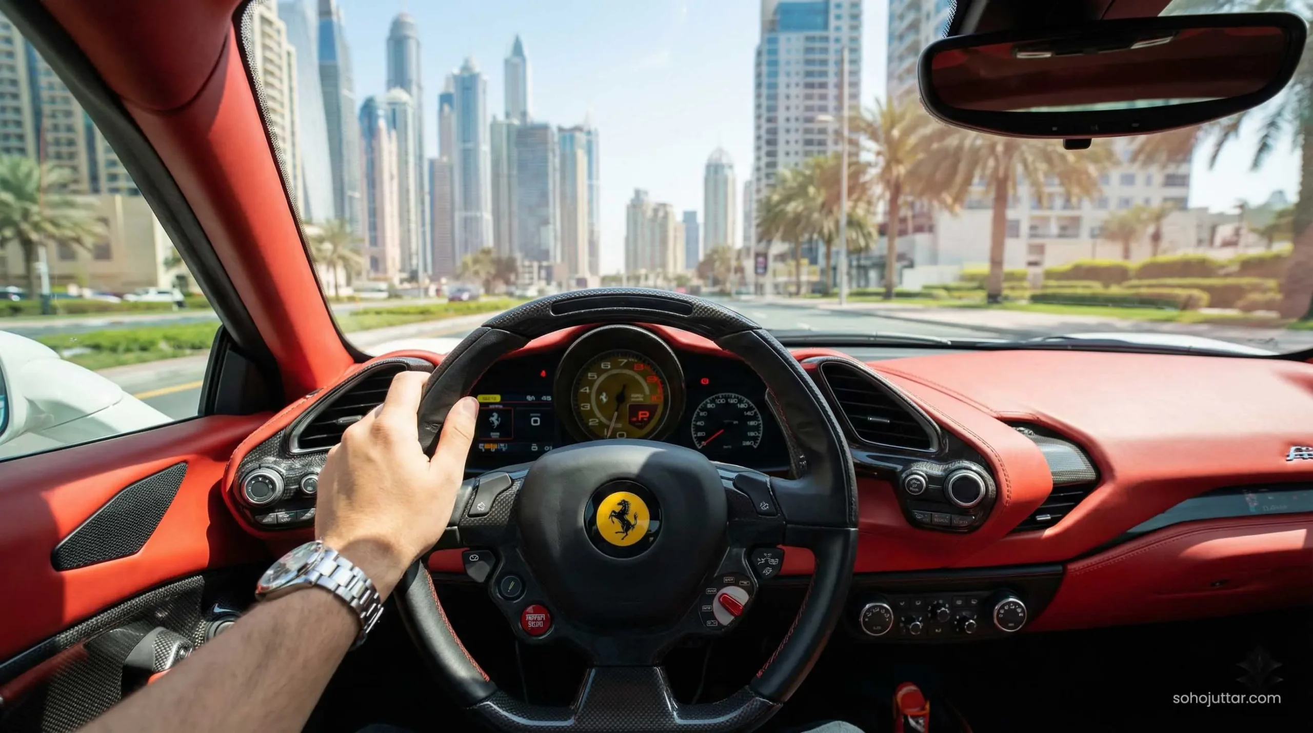 Driver POV inside a Ferrari rental car in Dubai
