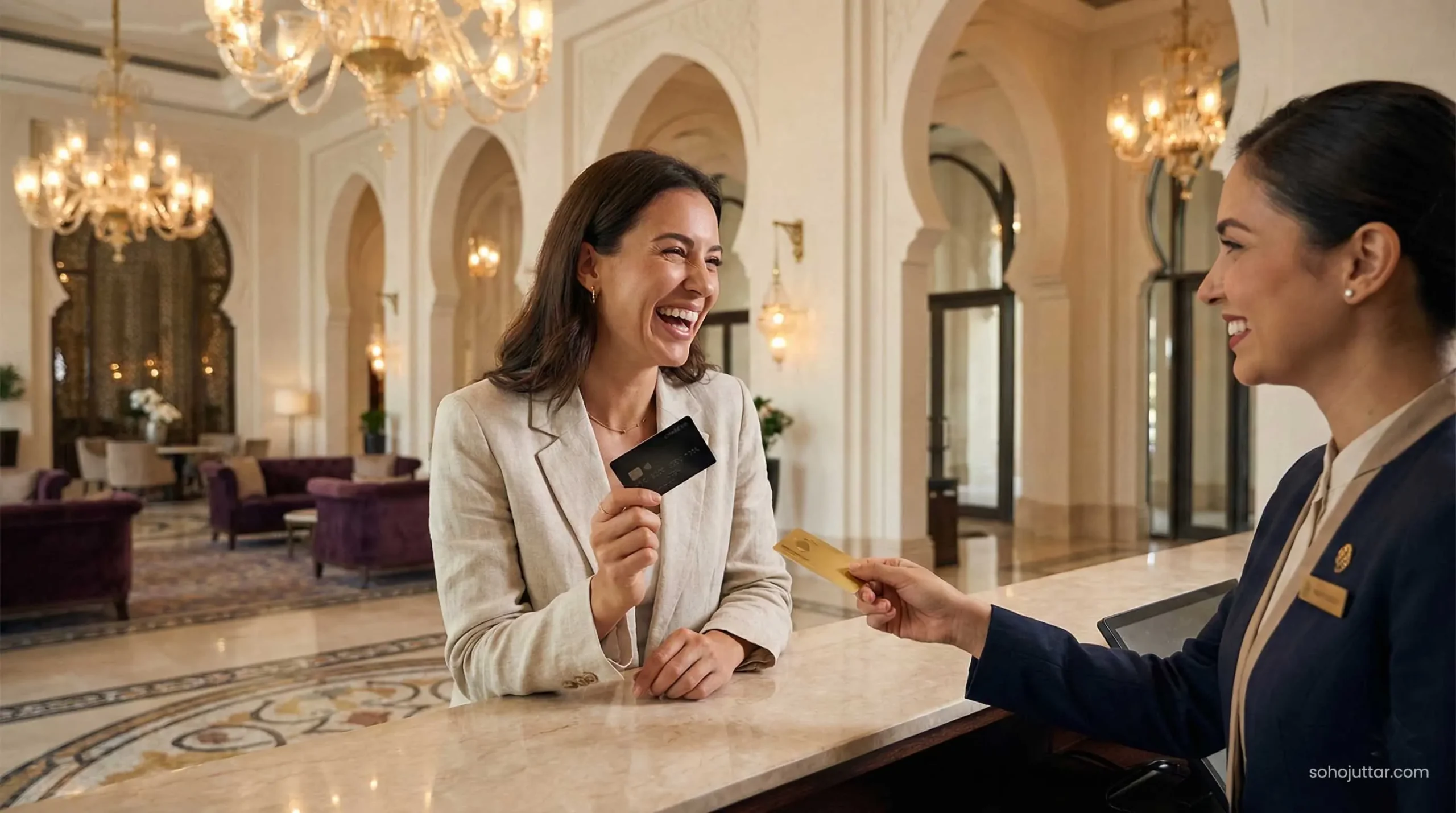 Receiving a free luxury hotel room upgrade using a travel credit card.