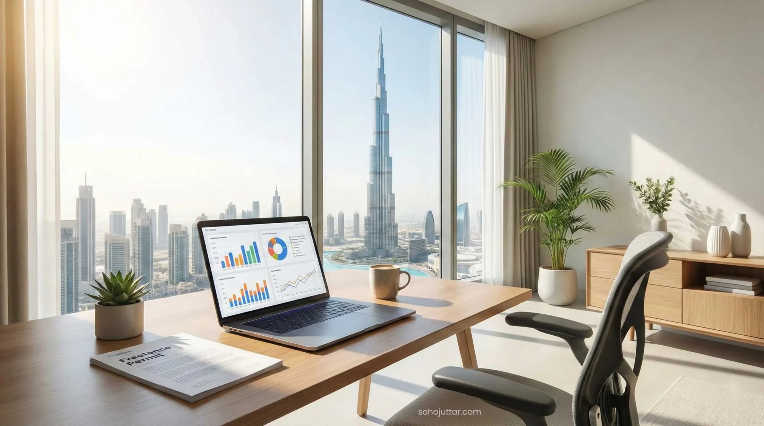 Freelancer working from home in Dubai with Burj Khalifa view