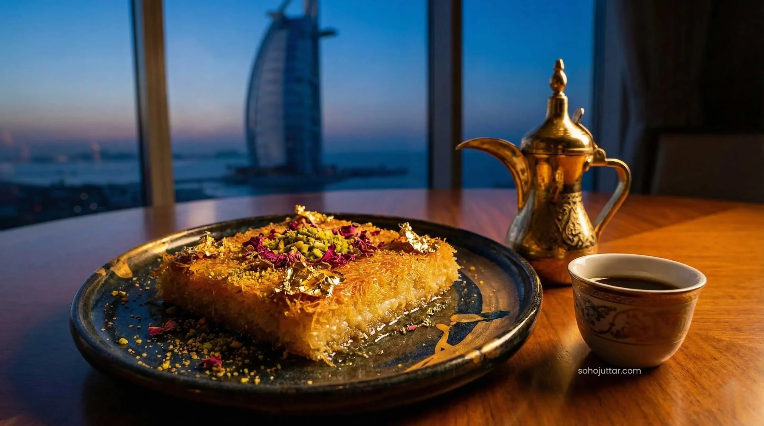 Luxury gold-flaked Iftar dessert with Burj Al Arab view.