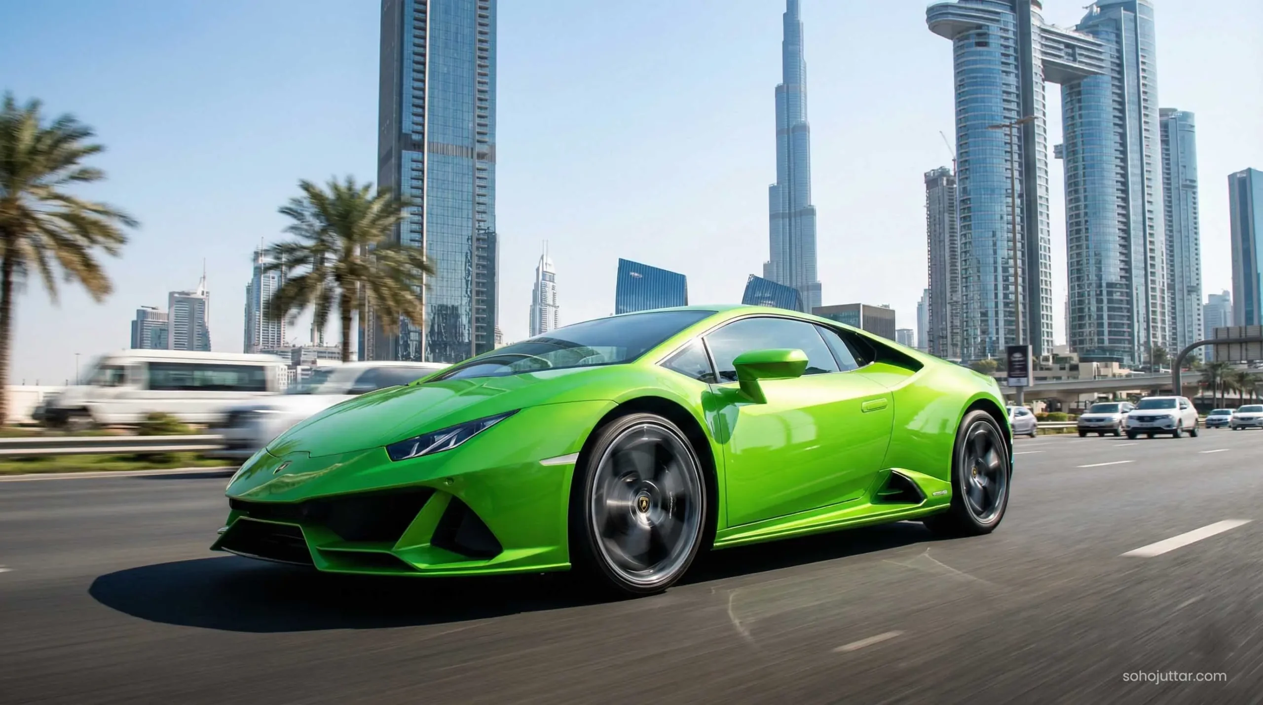 Green Lamborghini Huracan driving on Sheikh Zayed Road Dubai