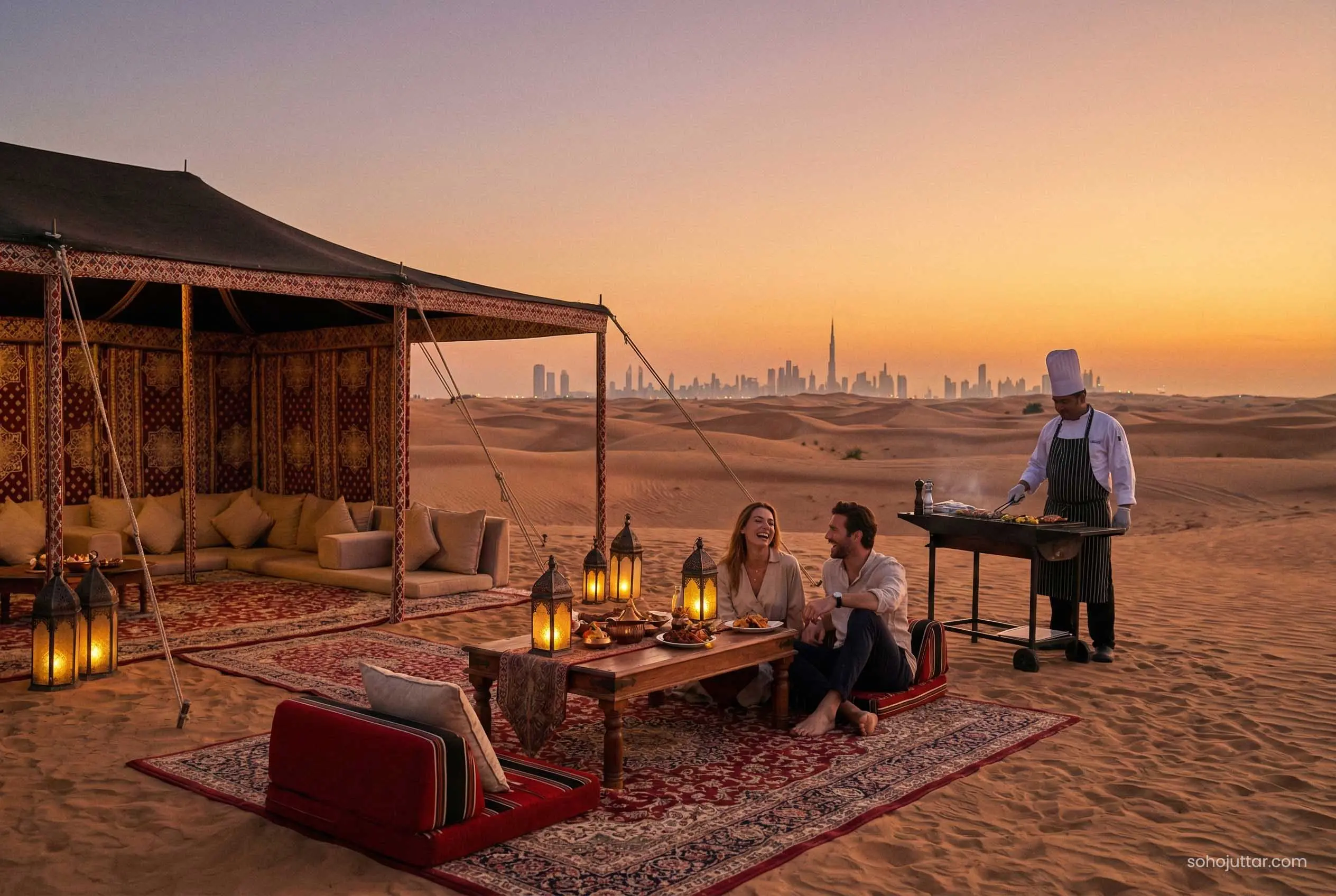 Private romantic desert safari dinner setup in Dubai dunes at sunset