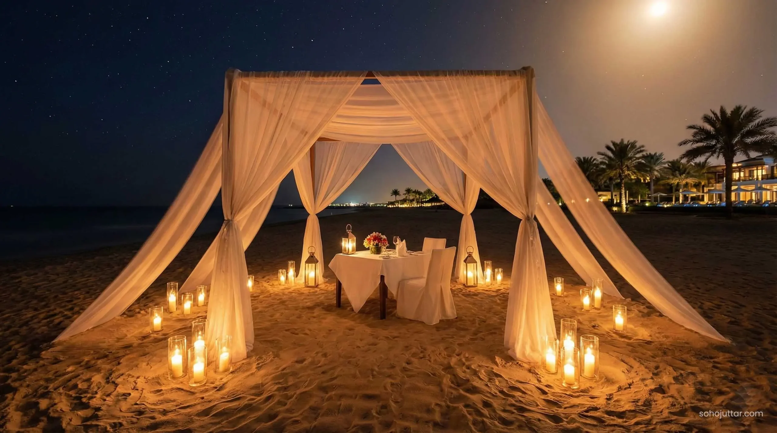 Private romantic beach dinner setup at UAE resort