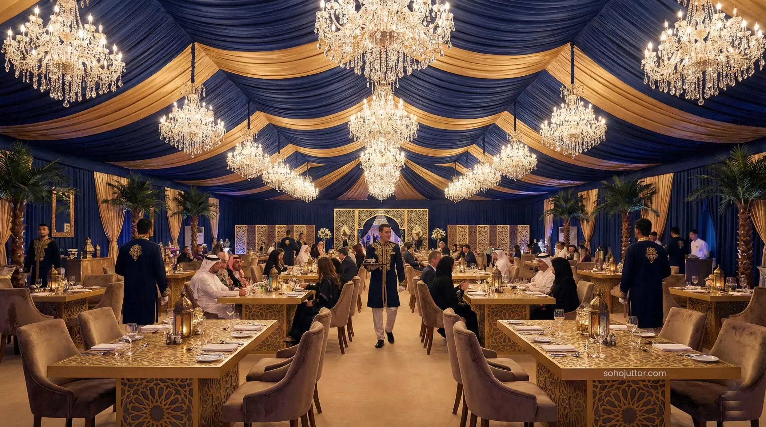 Interior of the luxurious Royal Iftar tent in Dubai 2026.