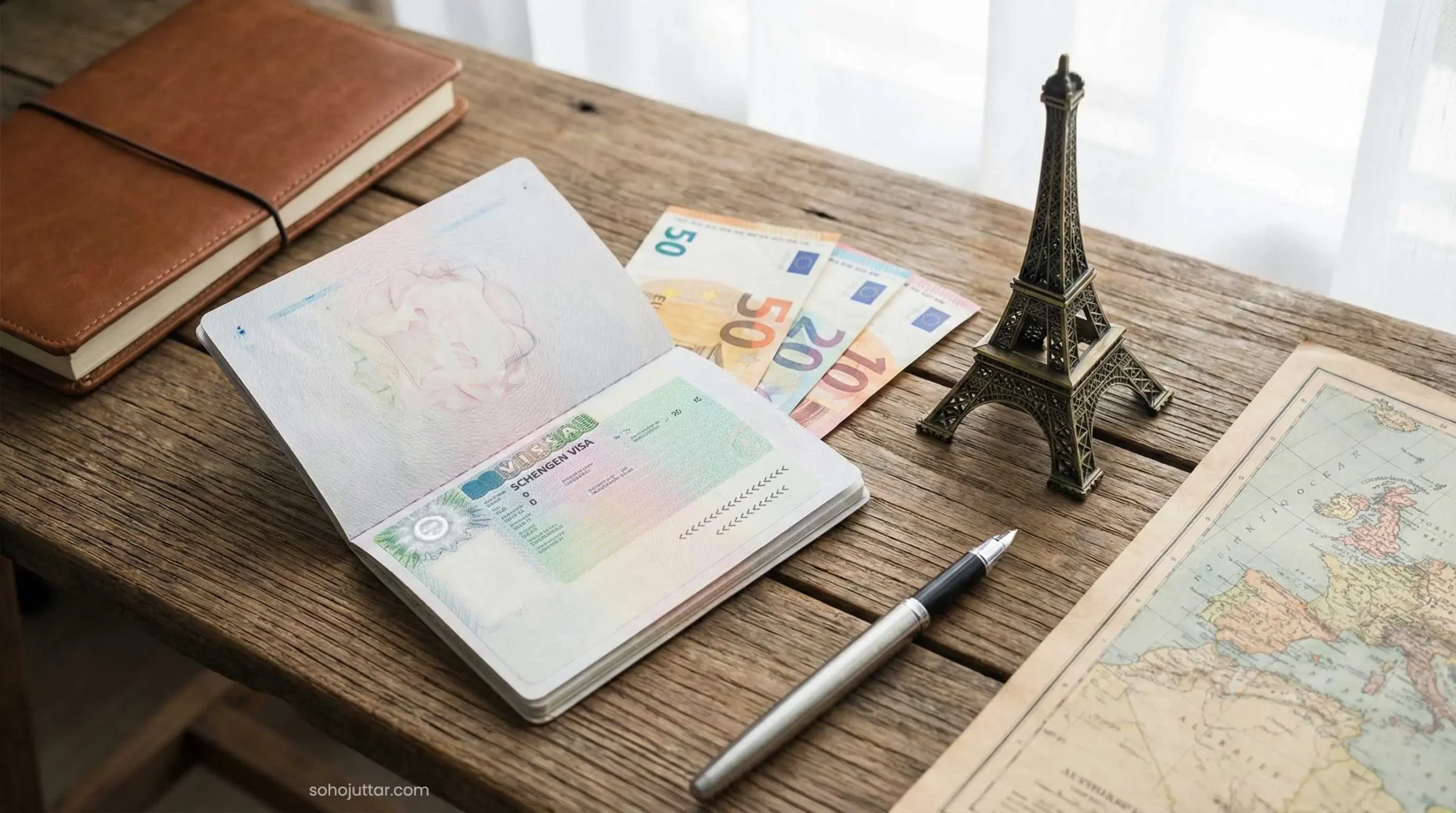 Schengen visa on passport with Euro currency for Dubai residents