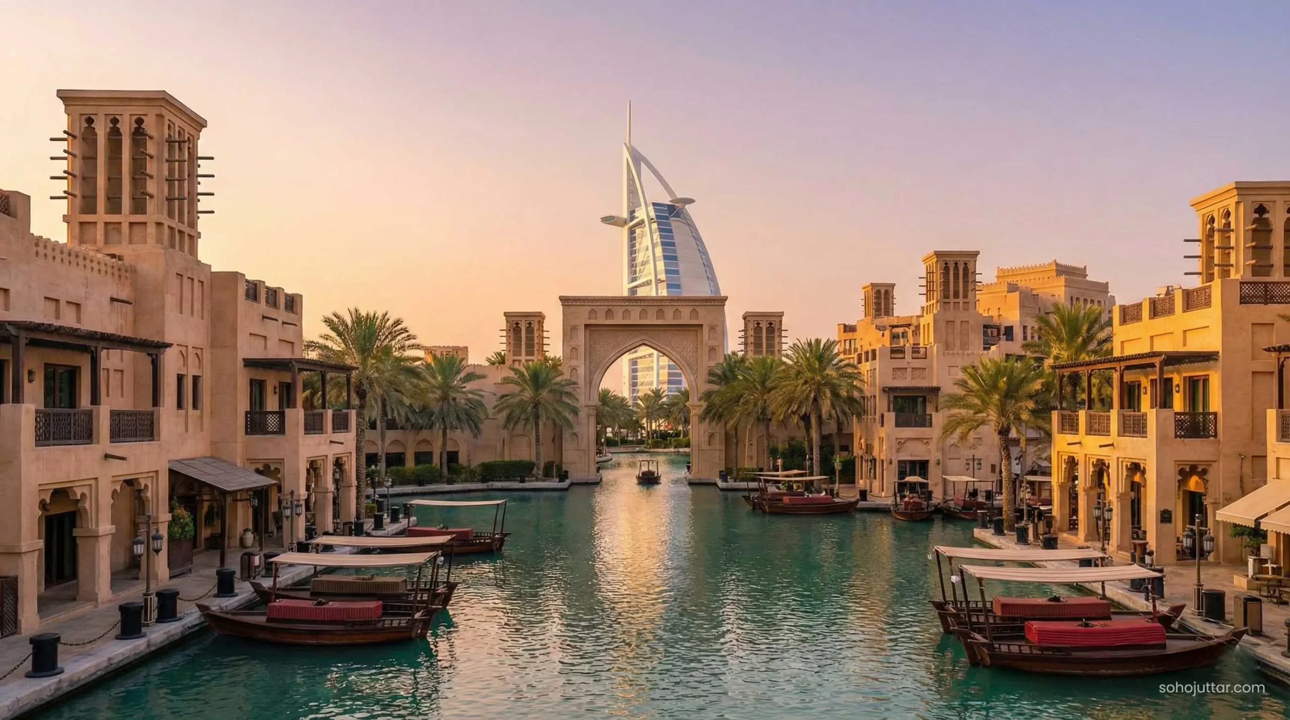 Souk Madinat Jumeirah canal view with Burj Al Arab in background
