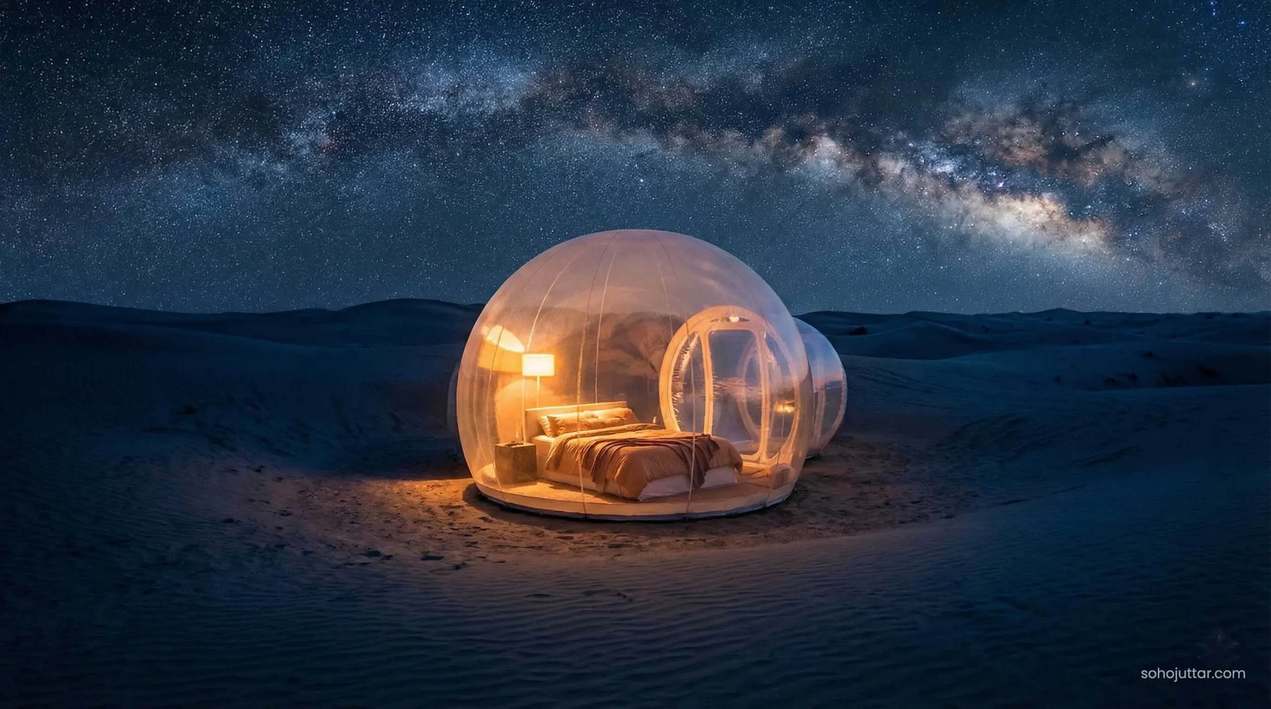 Transparent bubble tent glamping under stars in Dubai desert