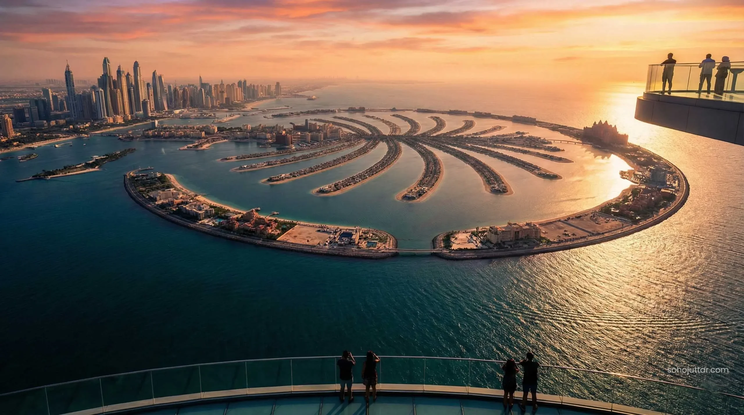 Panoramic view of Palm Jumeirah island from The View observation deck